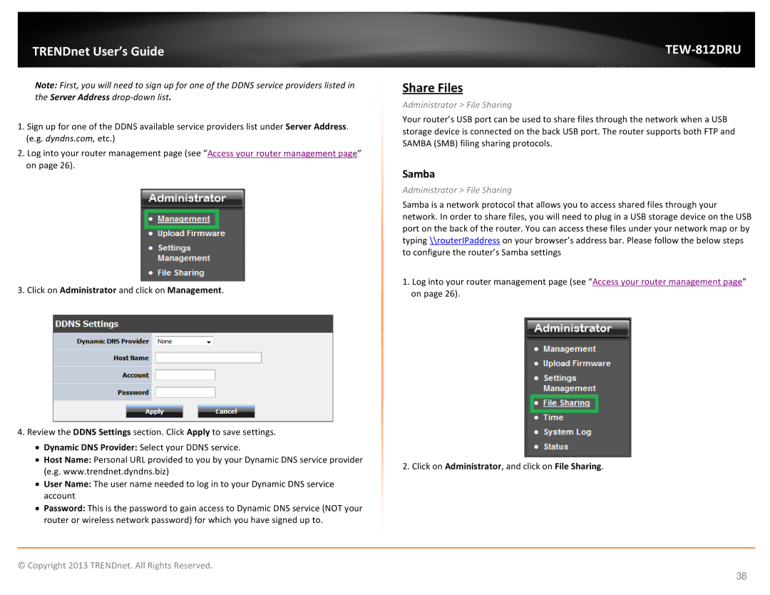 TRENDnet TEW-812DRU manual Share Files, Samba, Click on Administrator and click on Management, Administrator File Sharing 