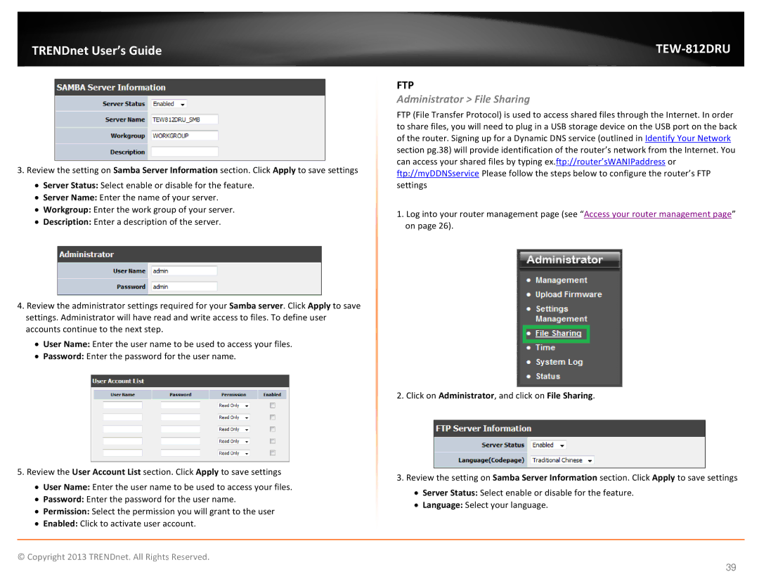 TRENDnet AC1750 Dual Band Wireless Router, TEW-812DRU manual Administrator File Sharing 