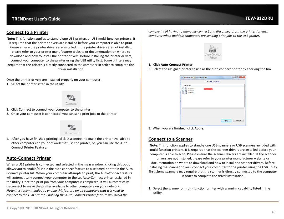 TRENDnet TEW-812DRU manual Connect to a Printer, Connect to a Scanner, Click Auto-Connect Printer 
