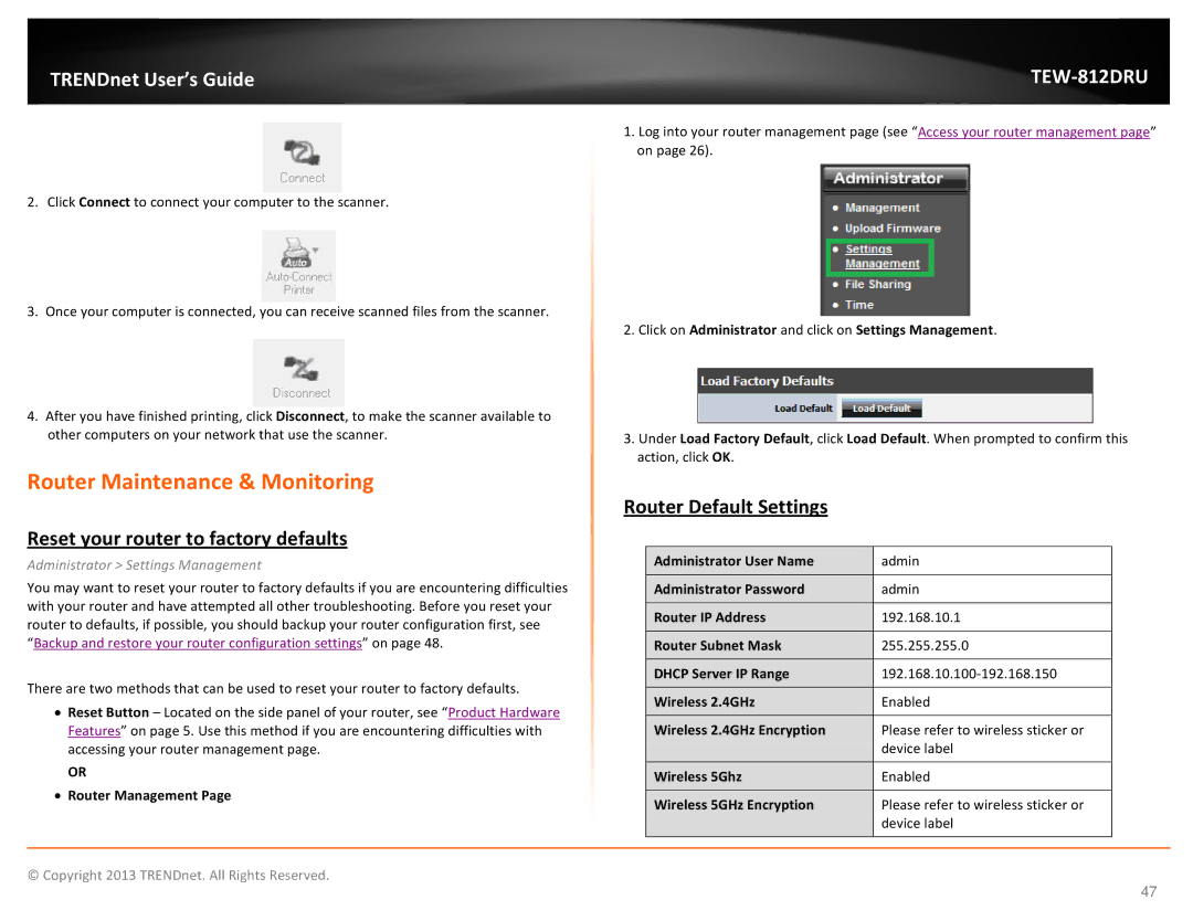 TRENDnet AC1750 Dual Band Wireless Router manual Router Maintenance & Monitoring, Reset your router to factory defaults 