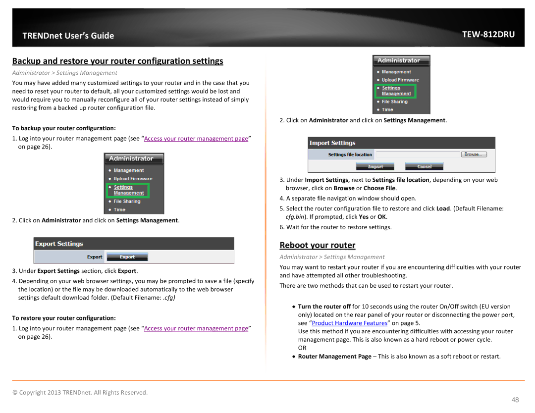 TRENDnet TEW-812DRU manual Backup and restore your router configuration settings, Reboot your router 