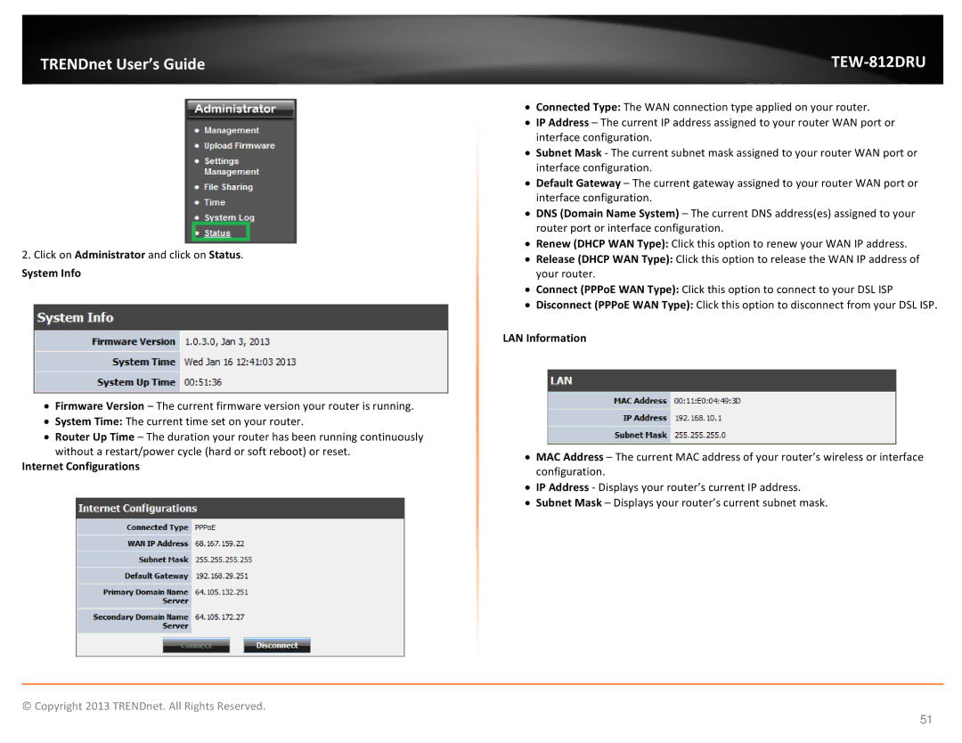 TRENDnet AC1750 Dual Band Wireless Router, TEW-812DRU manual System Info, Internet Configurations, LAN Information 