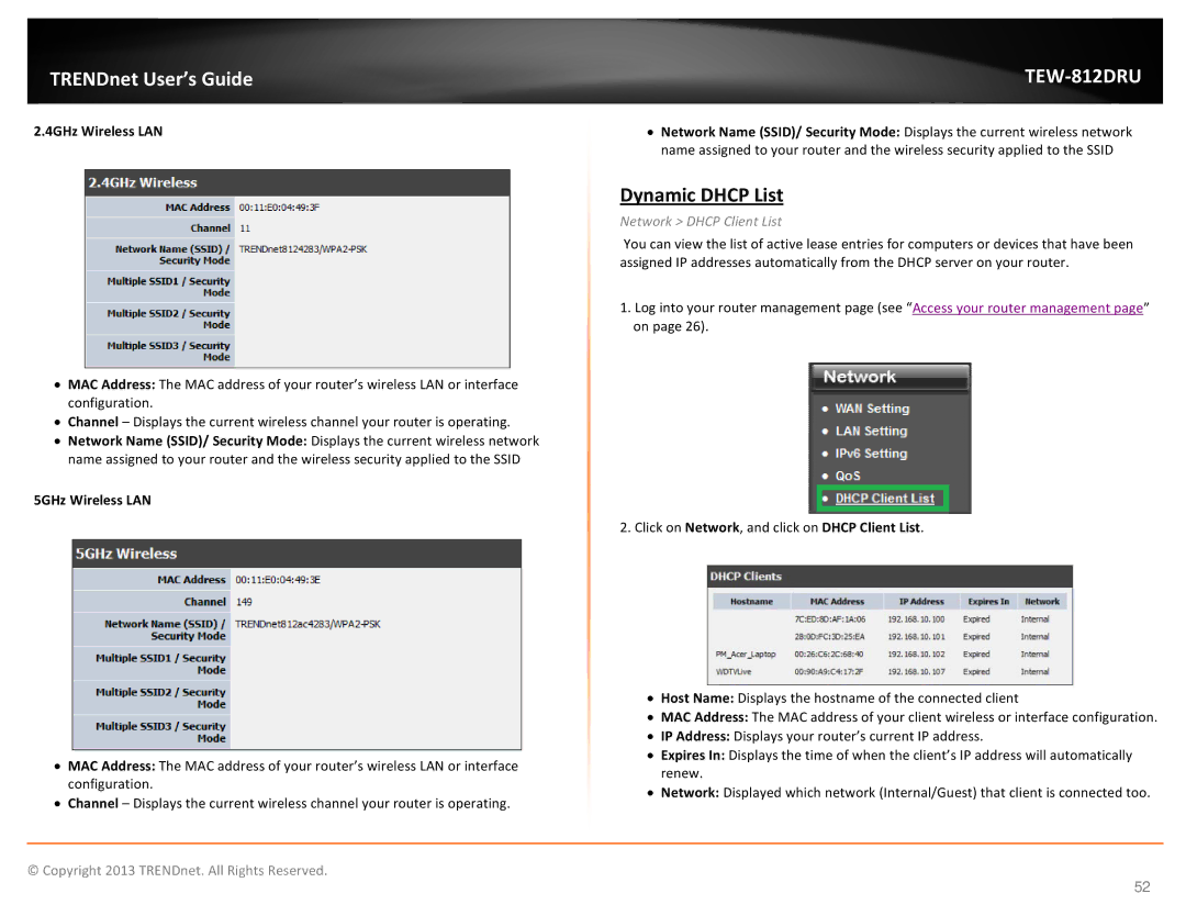 TRENDnet TEW-812DRU manual Dynamic Dhcp List, 4GHz Wireless LAN, 5GHz Wireless LAN, Network Dhcp Client List 