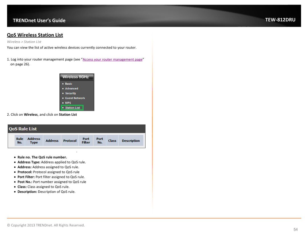 TRENDnet TEW-812DRU, AC1750 Dual Band Wireless Router manual QoS Wireless Station List, Rule no. The QoS rule number 