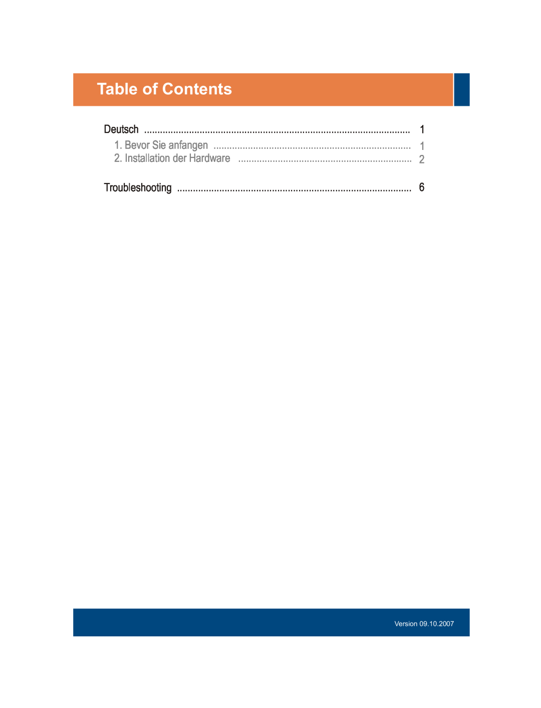 TRENDnet TEW-ASAL1 Table of Contents, Deutsch, Bevor Sie anfangen, Installation der Hardware, Troubleshooting, Version 