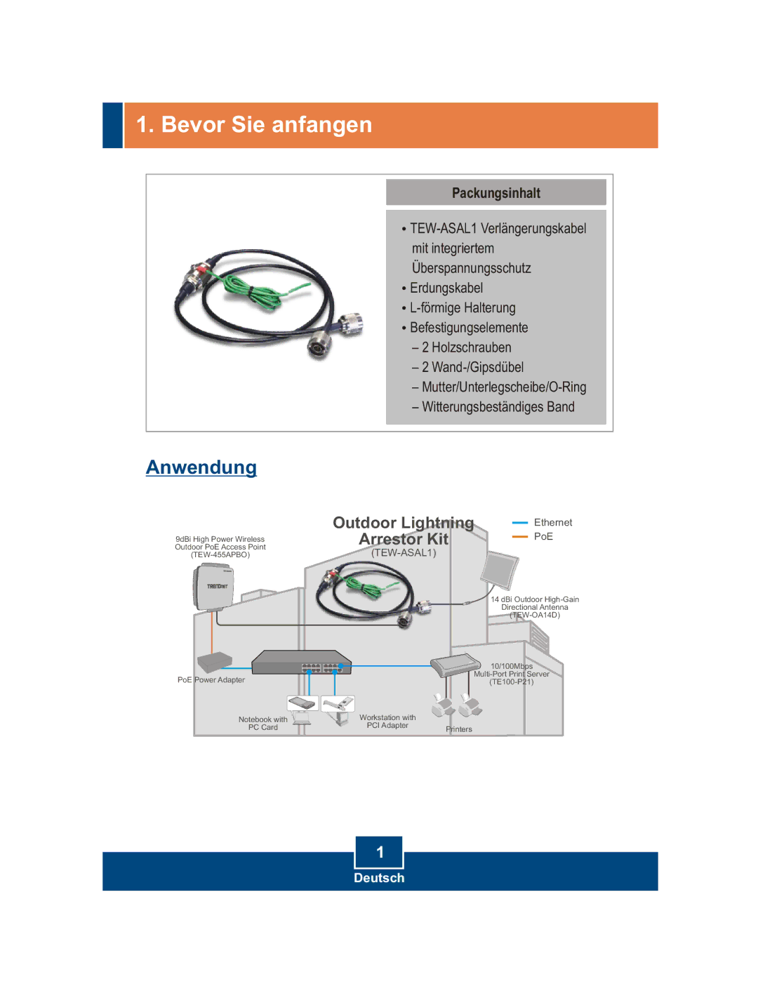 TRENDnet TEW-ASAL1 manual Bevor Sie anfangen, Packungsinhalt 