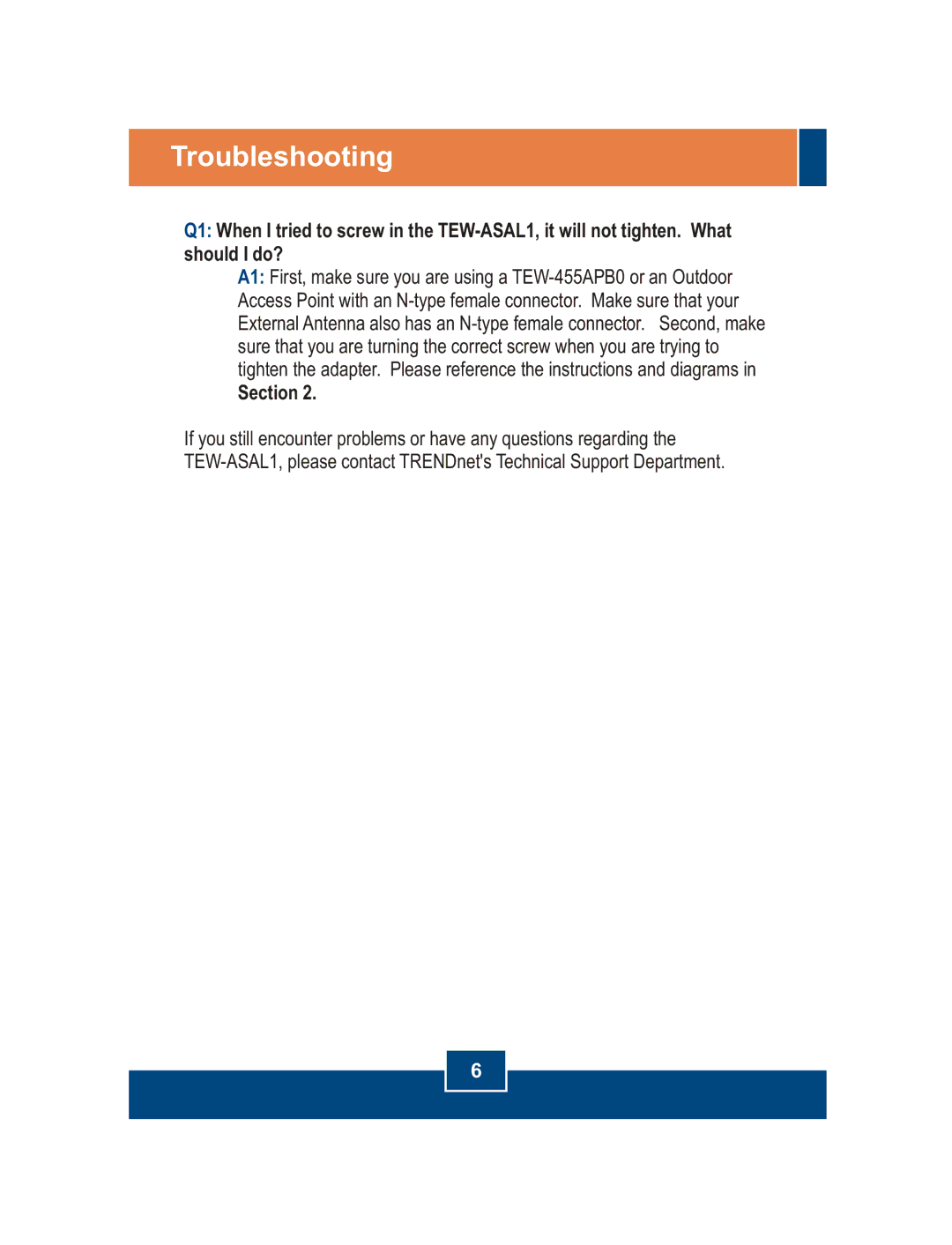 TRENDnet TEW-ASAL1 manual Troubleshooting, Section 