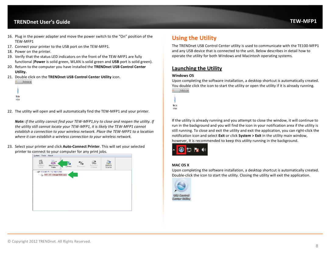 TRENDnet TEW-MFP1, 1-Port Wireless N Multi-Function USB Print Server Using the Utility, Launching the Utility, Windows OS 