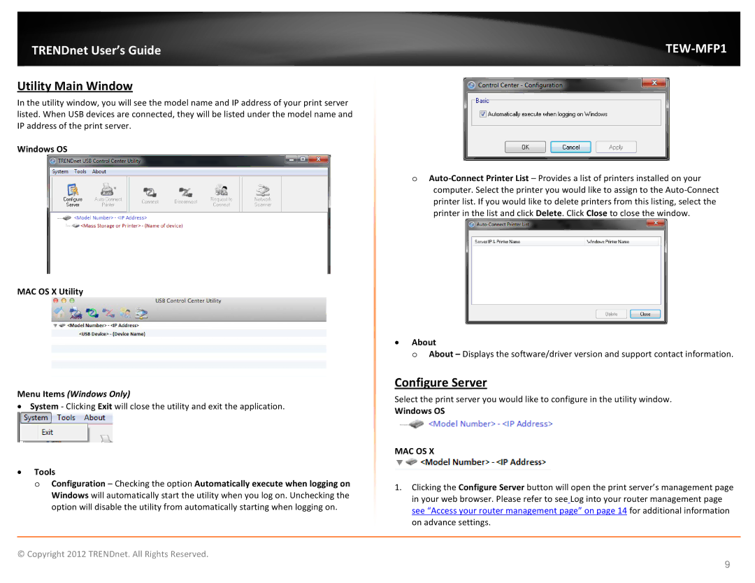 TRENDnet 1-Port Wireless N Multi-Function USB Print Server, TEW-MFP1 manual Utility Main Window, Configure Server, About 