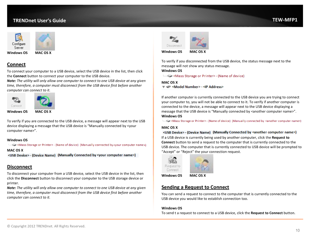 TRENDnet TEW-MFP1 manual Disconnect, Sending a Request to Connect, Windows OS MAC OS 