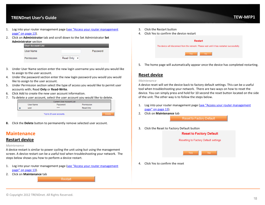 TRENDnet TEW-MFP1, 1-Port Wireless N Multi-Function USB Print Server manual Maintenance, Restart device, Reset device 
