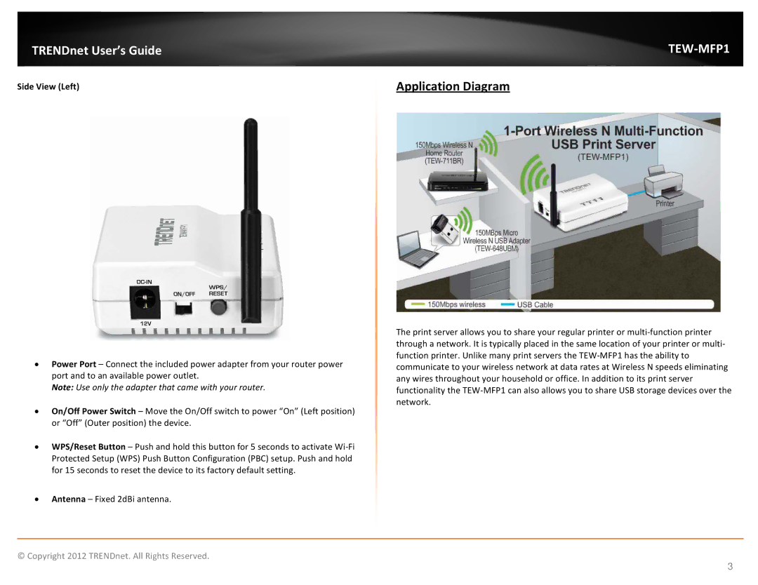 TRENDnet 1-Port Wireless N Multi-Function USB Print Server, TEW-MFP1 manual Application Diagram, Side View Left 