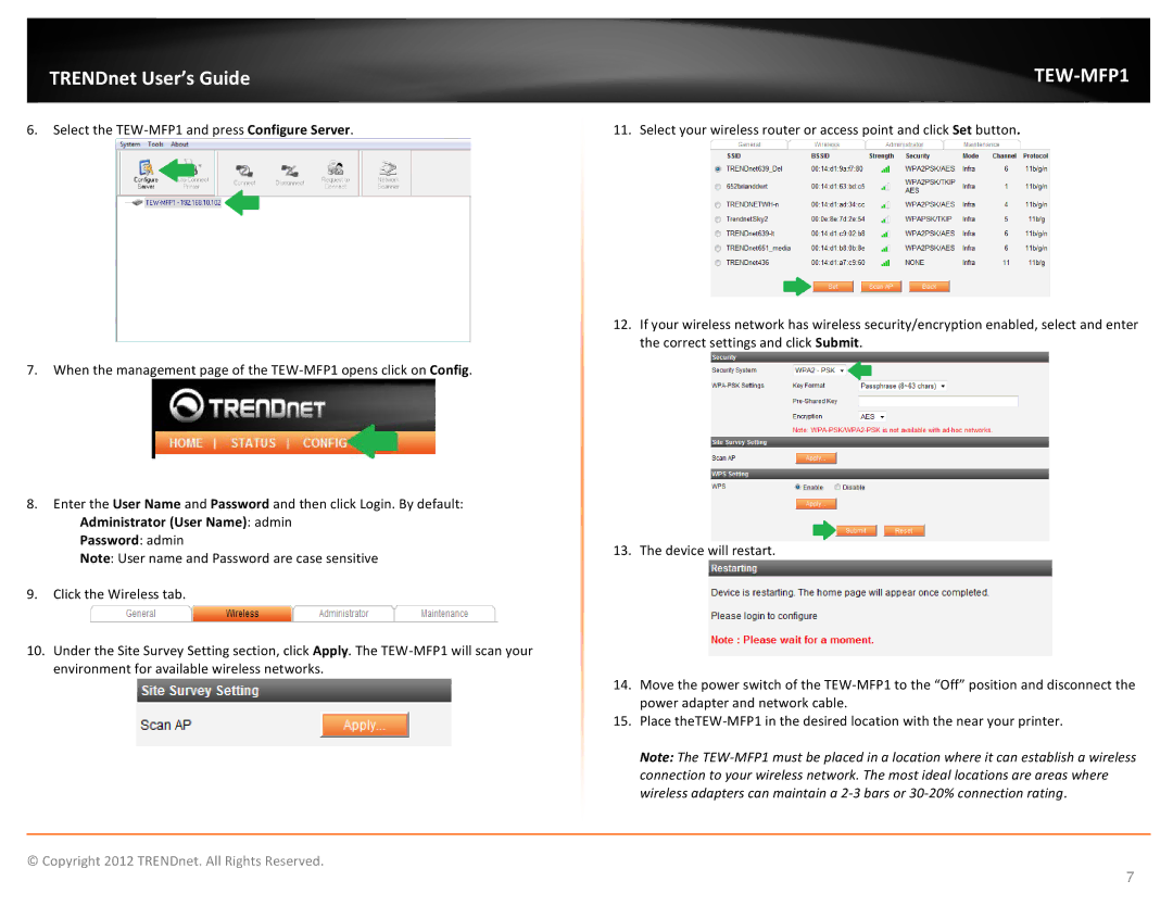 TRENDnet 1-Port Wireless N Multi-Function USB Print Server, TEW-MFP1 manual Password admin 