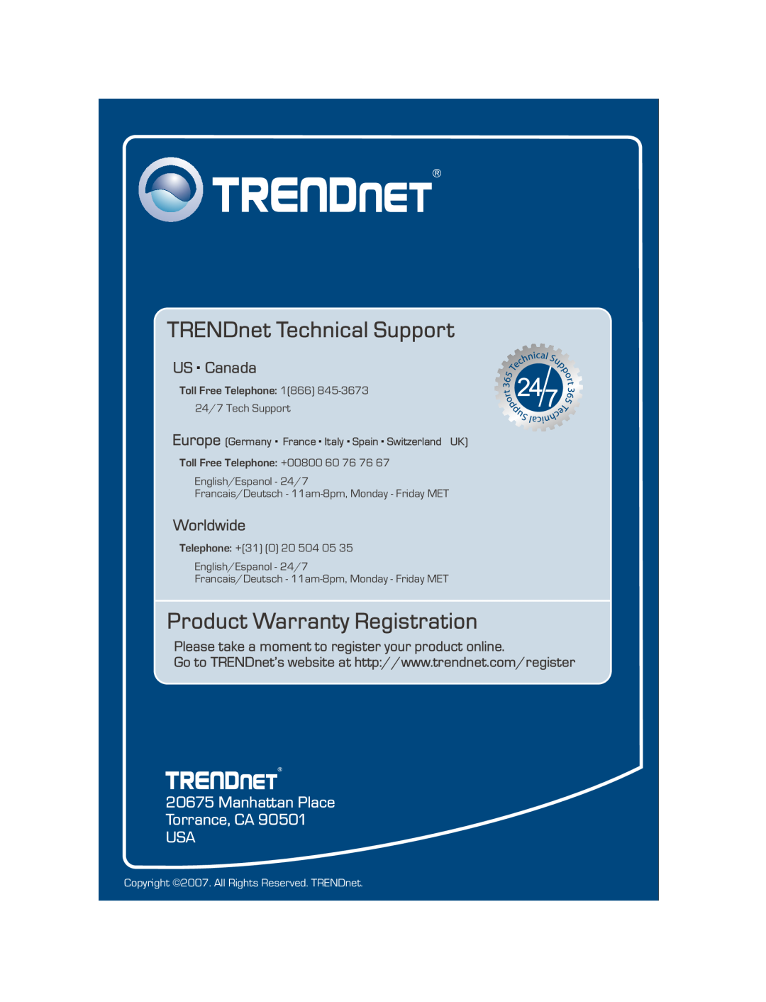 TRENDnet TEW-MP1U Manhattan Place Torrance, CA USA, TRENDnet Technical Support, Product Warranty Registration, US . Canada 