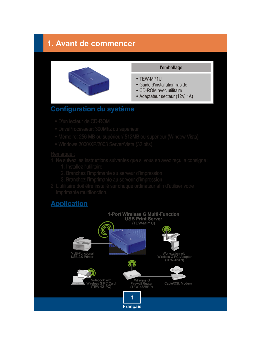 TRENDnet TEW-MP1U manual Avant de commencer, Configuration du système, Application 