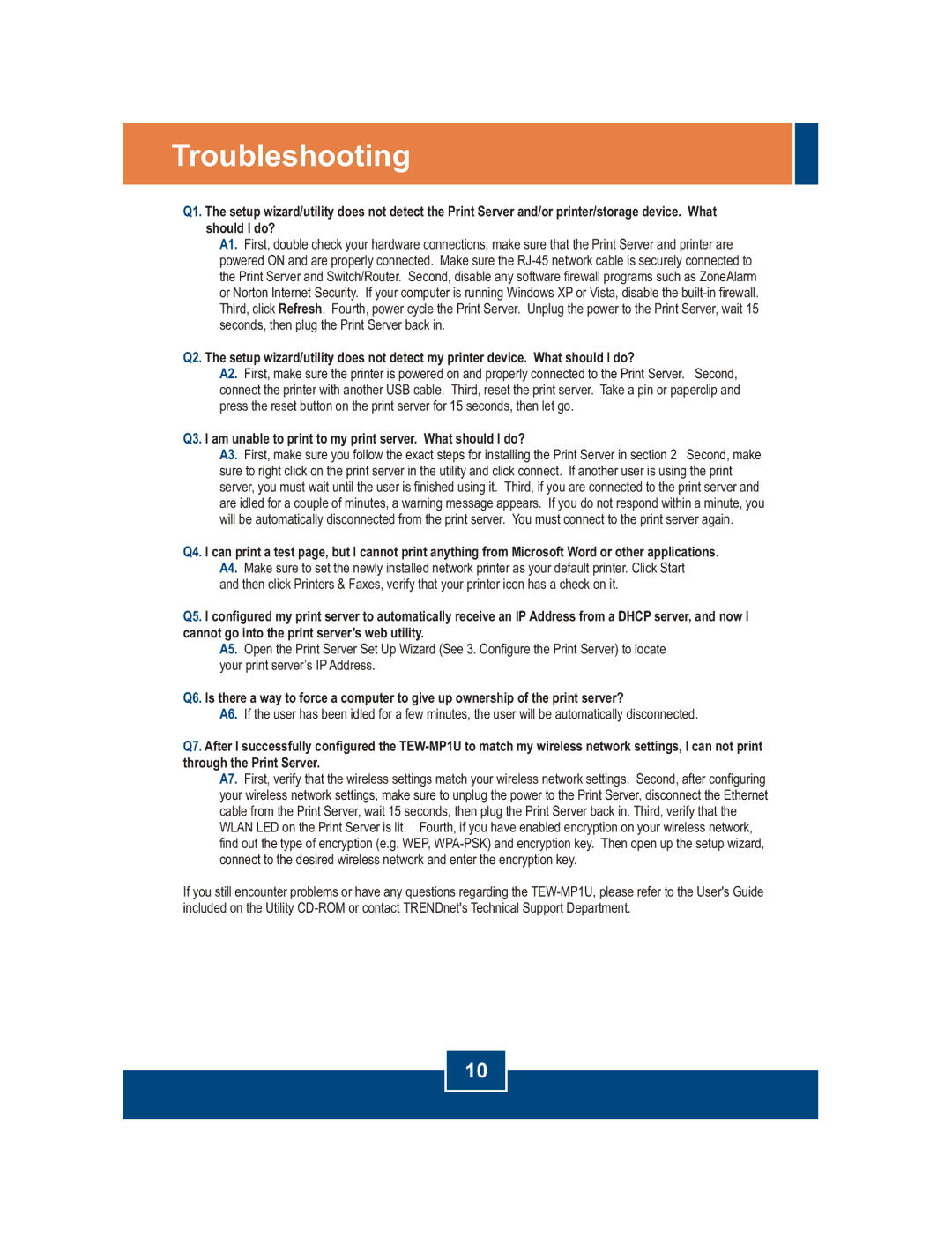 TRENDnet TEW-MP1U manual Troubleshooting 