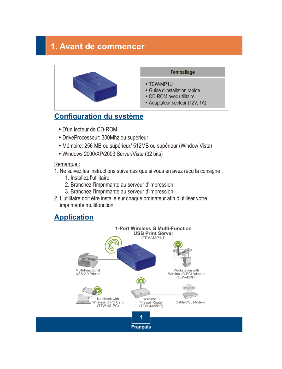 TRENDnet TEW-MP1U manual Avant de commencer, Configuration du système 