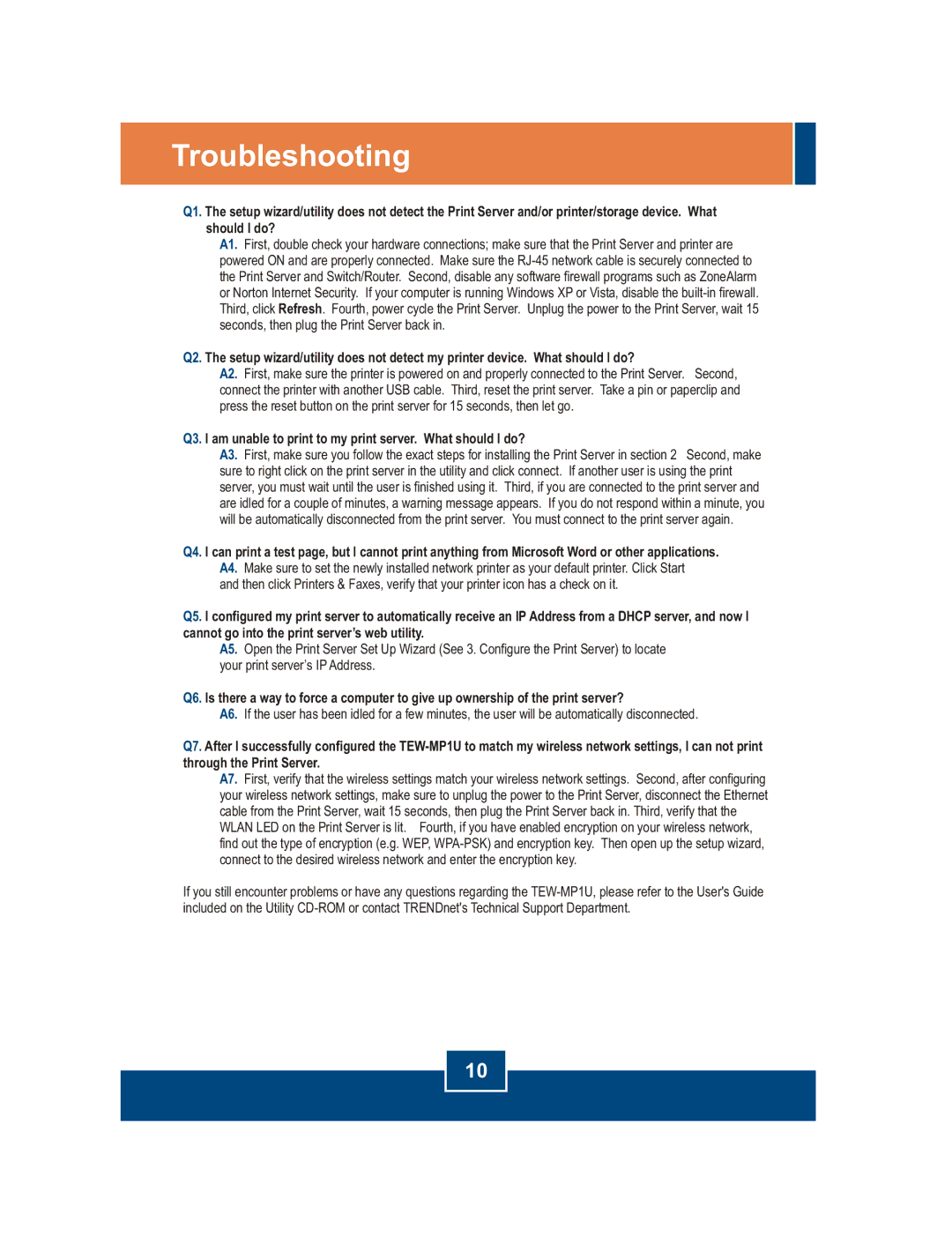 TRENDnet TEW-MP1U manual Troubleshooting 