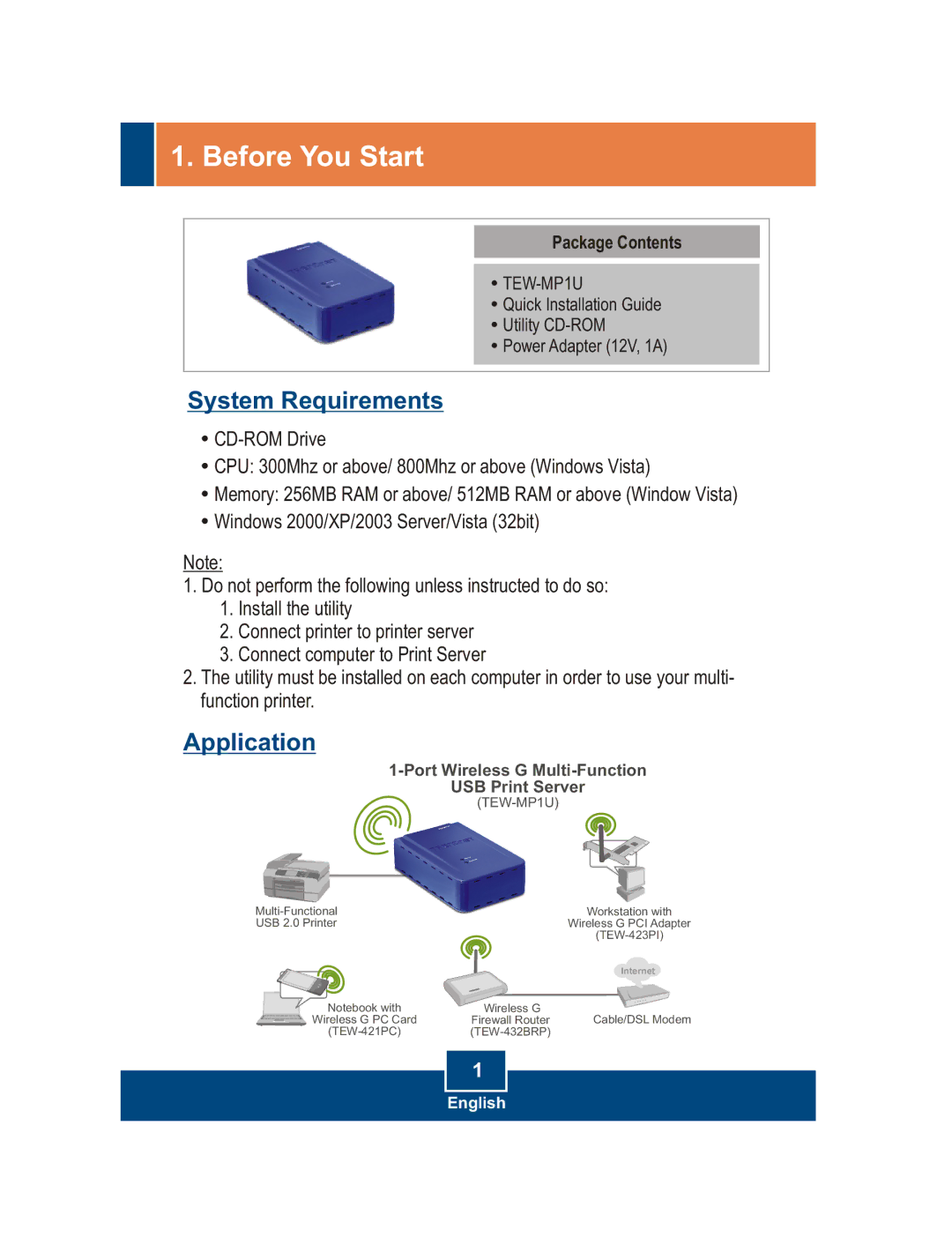 TRENDnet TEW-MP1U manual Before You Start, System Requirements 