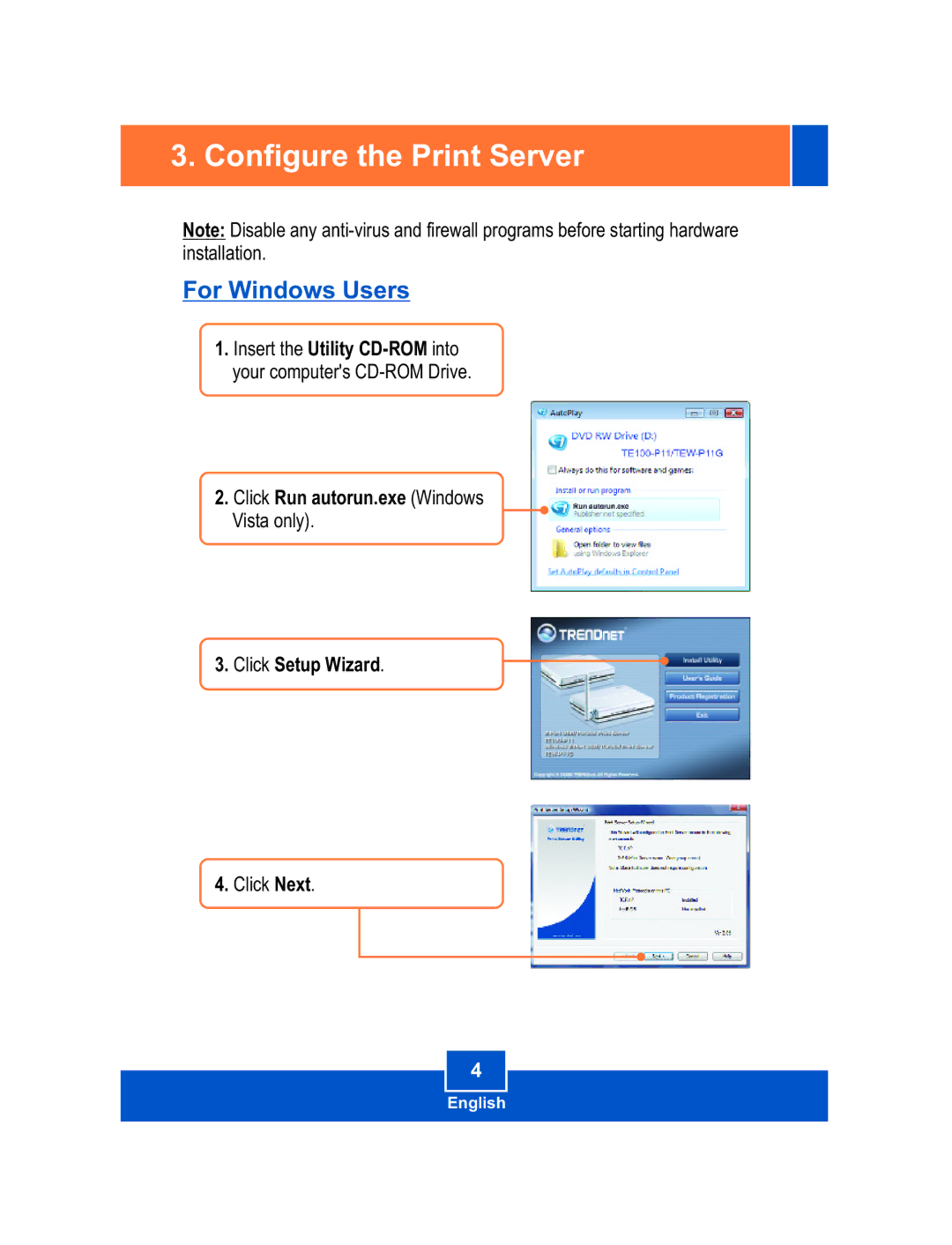 TRENDnet TEW-P11G, TE100-P11 manual Configure the Print Server, For Windows Users 