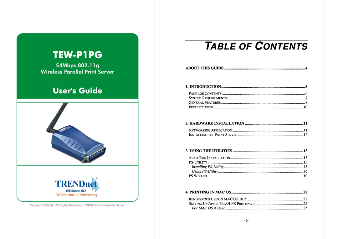 TRENDnet TEW-P1PG manual Table Of Contents, About This Guide, Introduction, Hardware Installation, Using The Utilities 