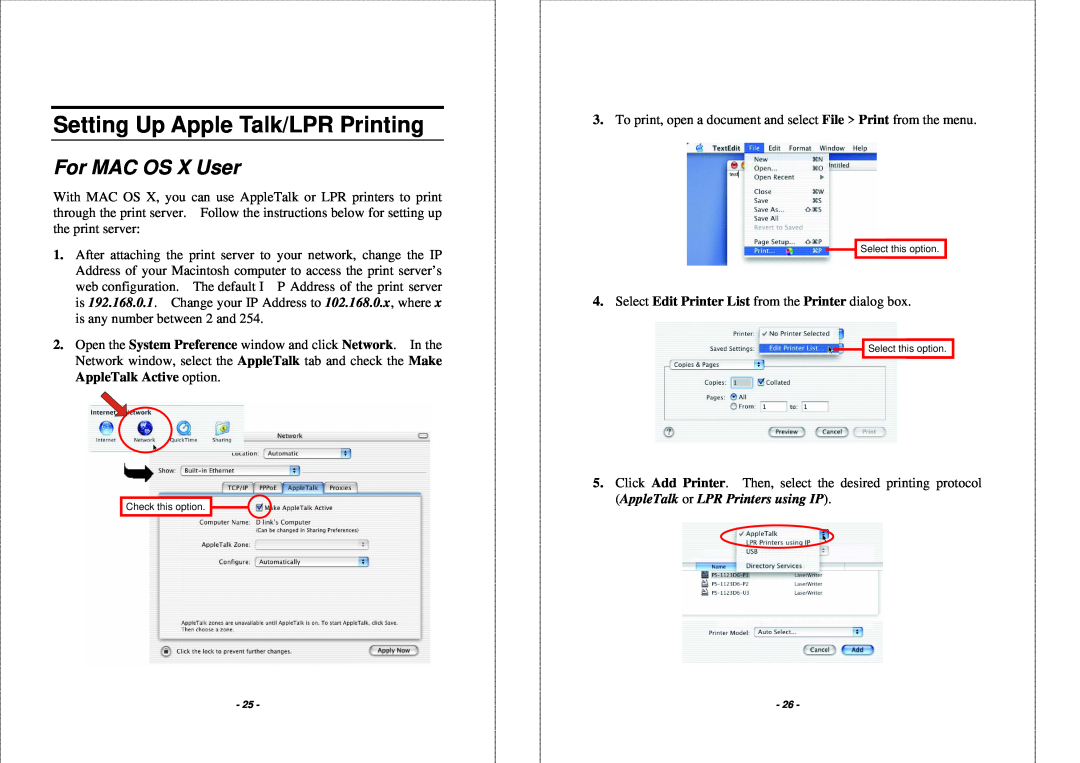 TRENDnet TEW-P1PG manual Setting Up Apple Talk/LPR Printing, For MAC OS X User 