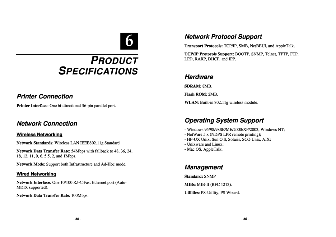 TRENDnet TEW-P1PG manual Product Specifications, Printer Connection, Network Connection, Network Protocol Support, Hardware 