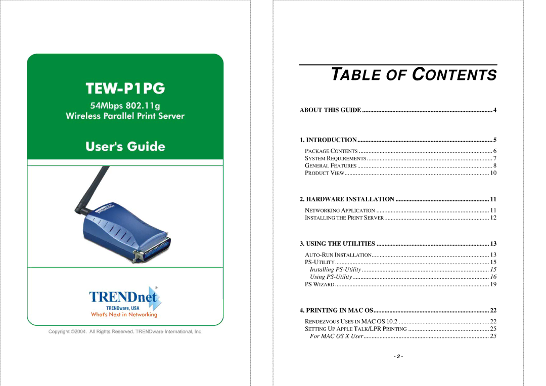 TRENDnet TEW-P1PG manual Table of Contents 