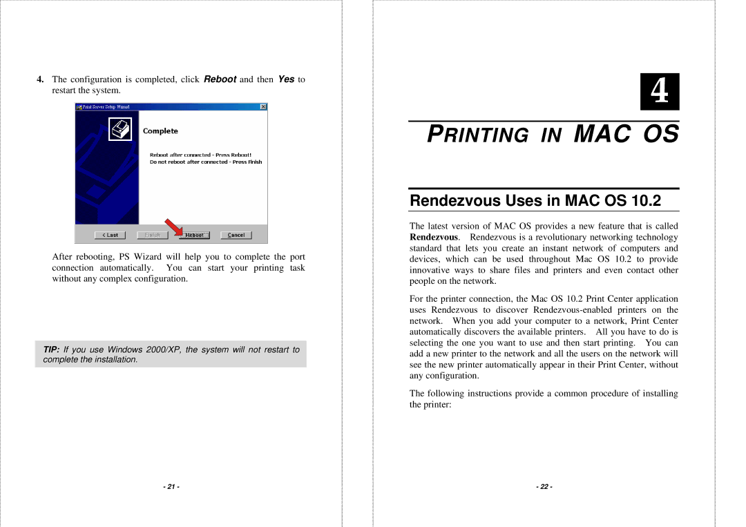 TRENDnet TEW-P1PG manual Printing in MAC OS, Rendezvous Uses in MAC OS 