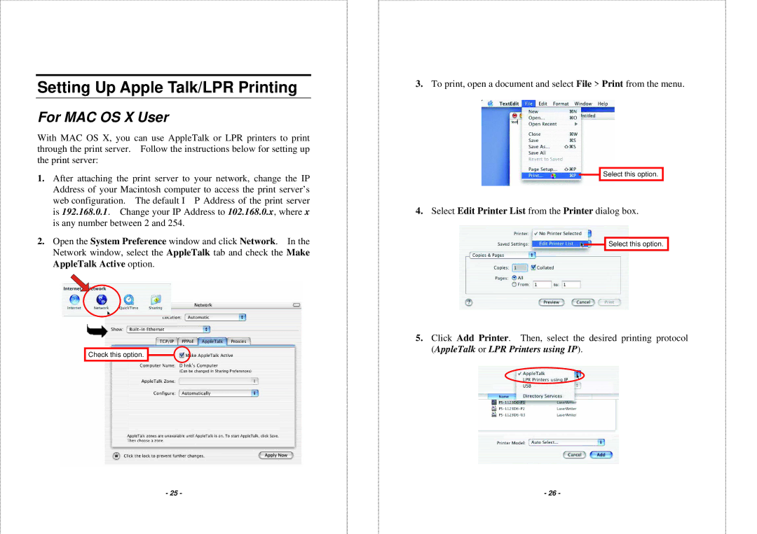 TRENDnet TEW-P1PG manual Setting Up Apple Talk/LPR Printing, For MAC OS X User 