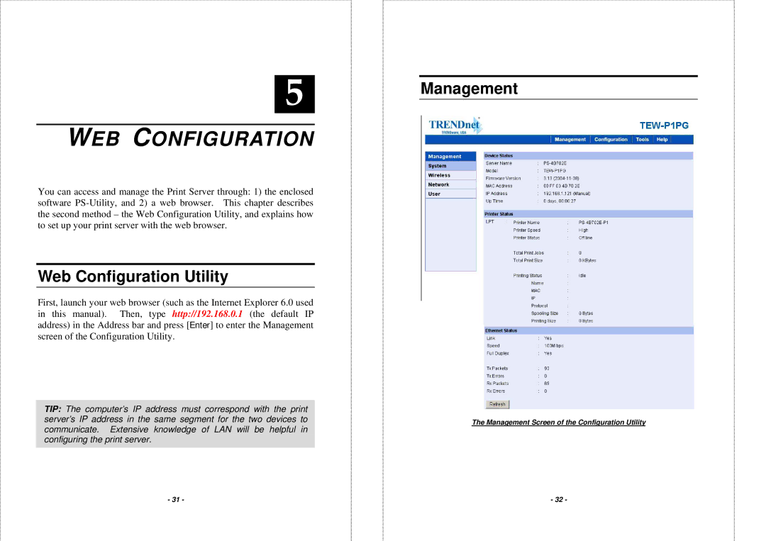 TRENDnet TEW-P1PG manual WEB Configuration, Web Configuration Utility, Management 