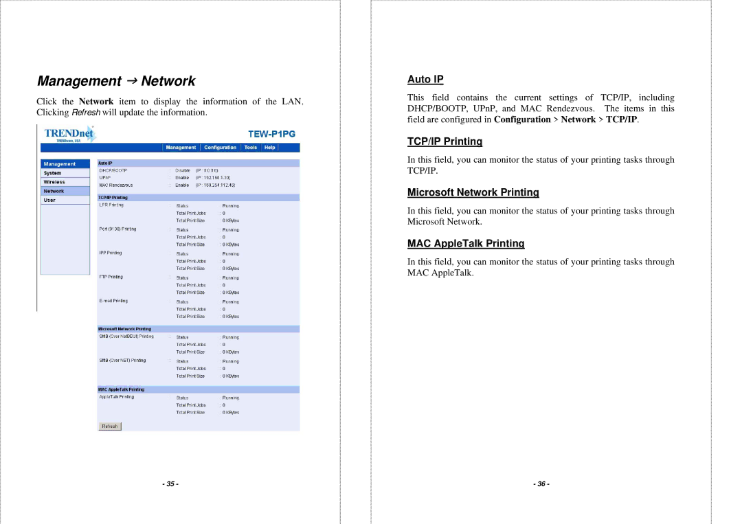 TRENDnet TEW-P1PG manual Management J Network, Auto IP, TCP/IP Printing, Microsoft Network Printing, MAC AppleTalk Printing 