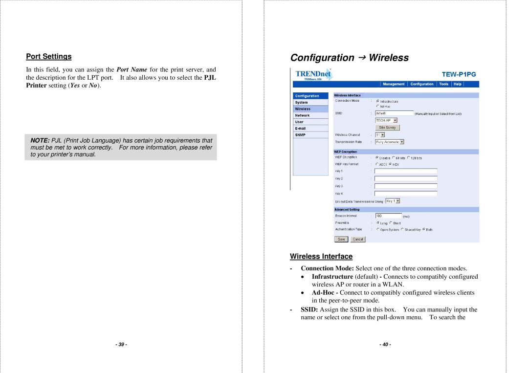 TRENDnet TEW-P1PG manual Configuration J Wireless, Port Settings, Wireless Interface 