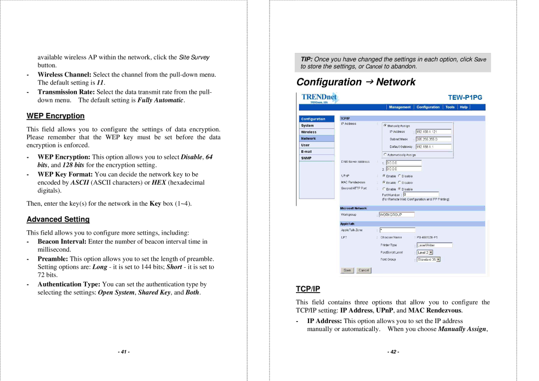 TRENDnet TEW-P1PG manual Configuration J Network, WEP Encryption, Advanced Setting 