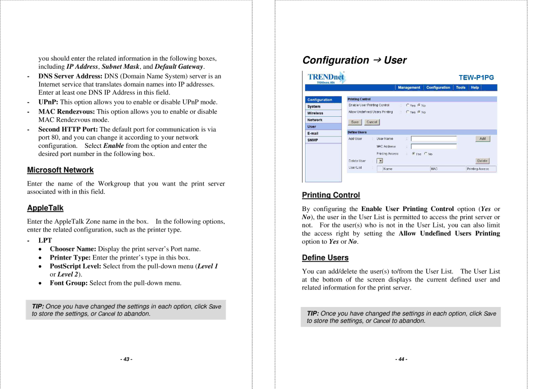 TRENDnet TEW-P1PG manual Configuration J User, Microsoft Network, AppleTalk, Printing Control, Define Users 