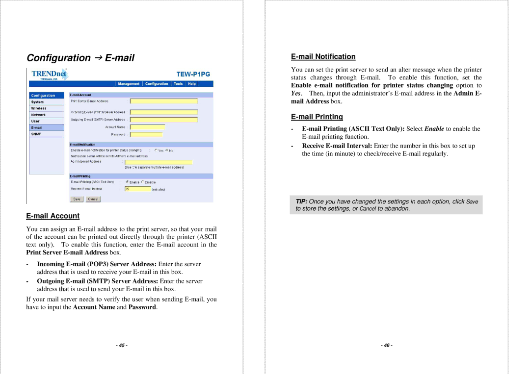 TRENDnet TEW-P1PG manual Configuration J E-mail, Mail Account, Mail Notification, Mail Printing 