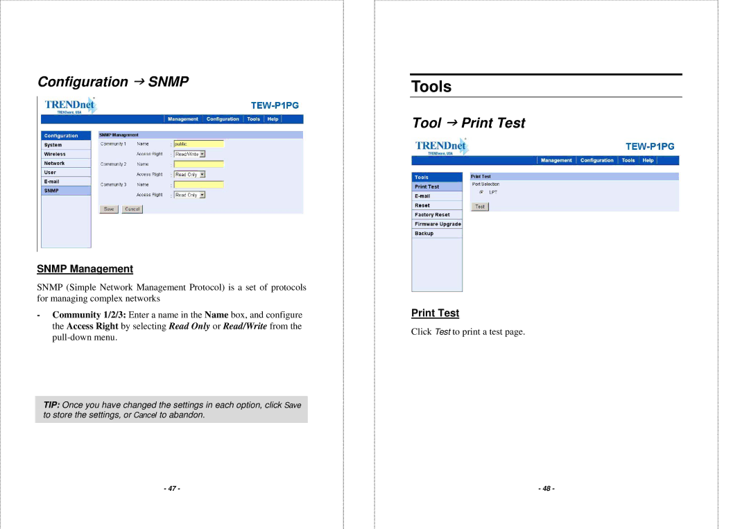 TRENDnet TEW-P1PG manual Configuration J Snmp, Snmp Management, Print Test 