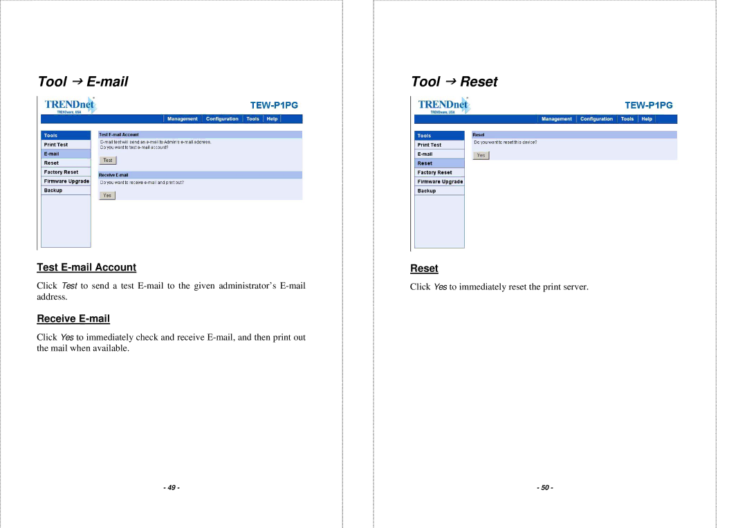 TRENDnet TEW-P1PG manual Tool J E-mail, Tool J Reset, Test E-mail Account, Receive E-mail 