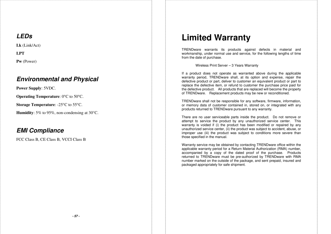 TRENDnet TEW-P1PG manual LEDs, Environmental and Physical, EMI Compliance 