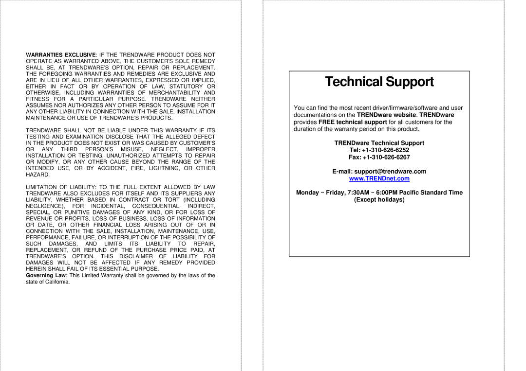 TRENDnet TEW-P1PG manual Technical Support 