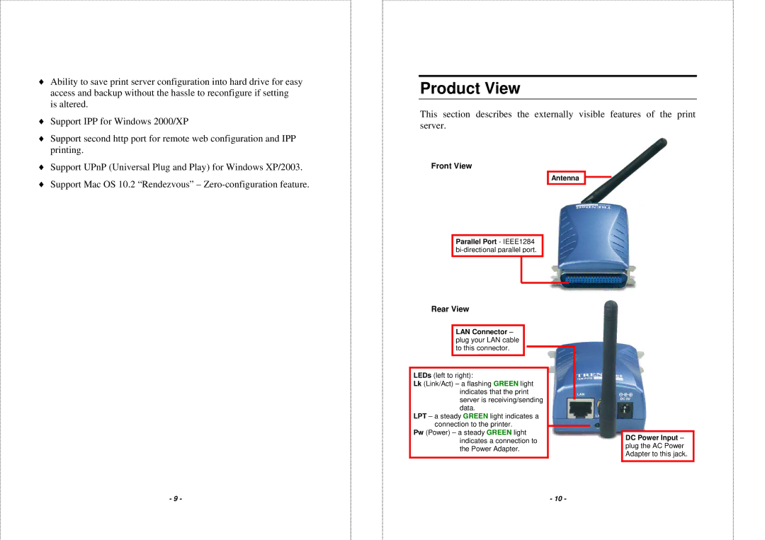 TRENDnet TEW-P1PG manual Product View, Rear View 