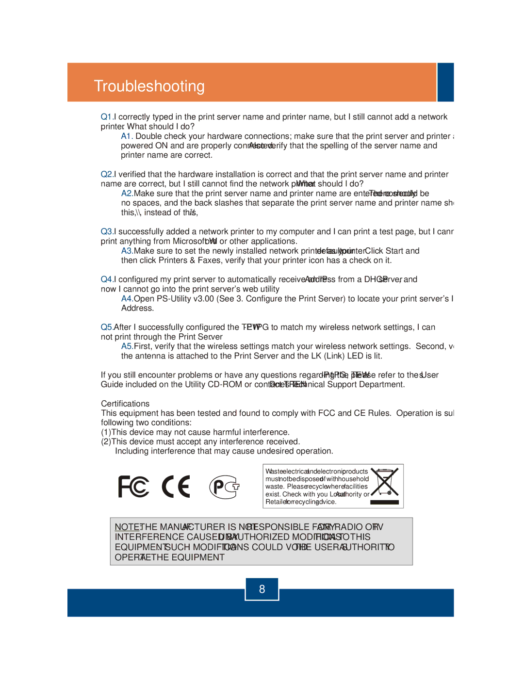 TRENDnet TEW-P1PG manual Troubleshooting 