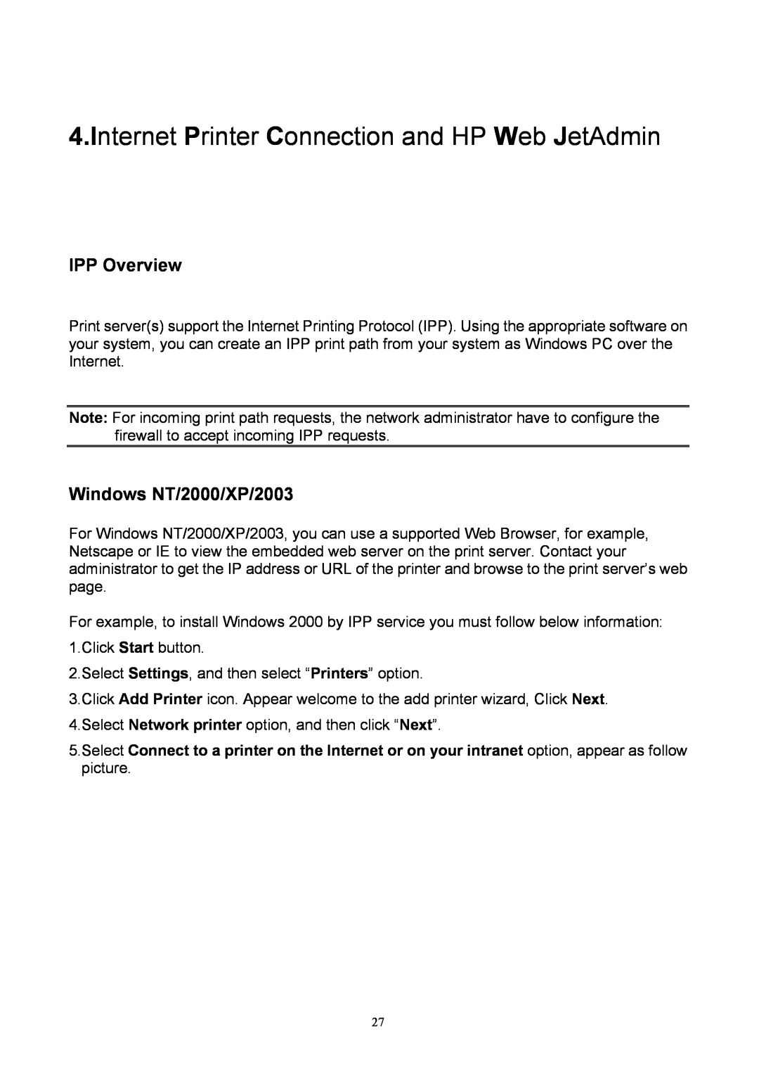 TRENDnet TEW-P1P, TEW-P1U manual IPP Overview, Windows NT/2000/XP/2003, Internet Printer Connection and HP Web JetAdmin 