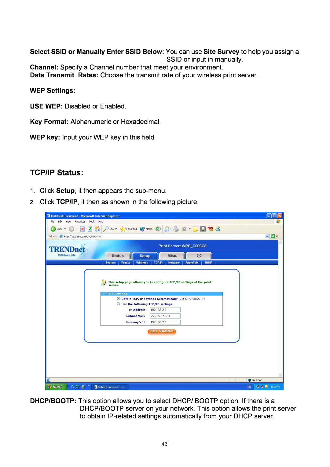 TRENDnet TEW-P1U, TEW-P1P manual WEP Settings, TCP/IP Status 