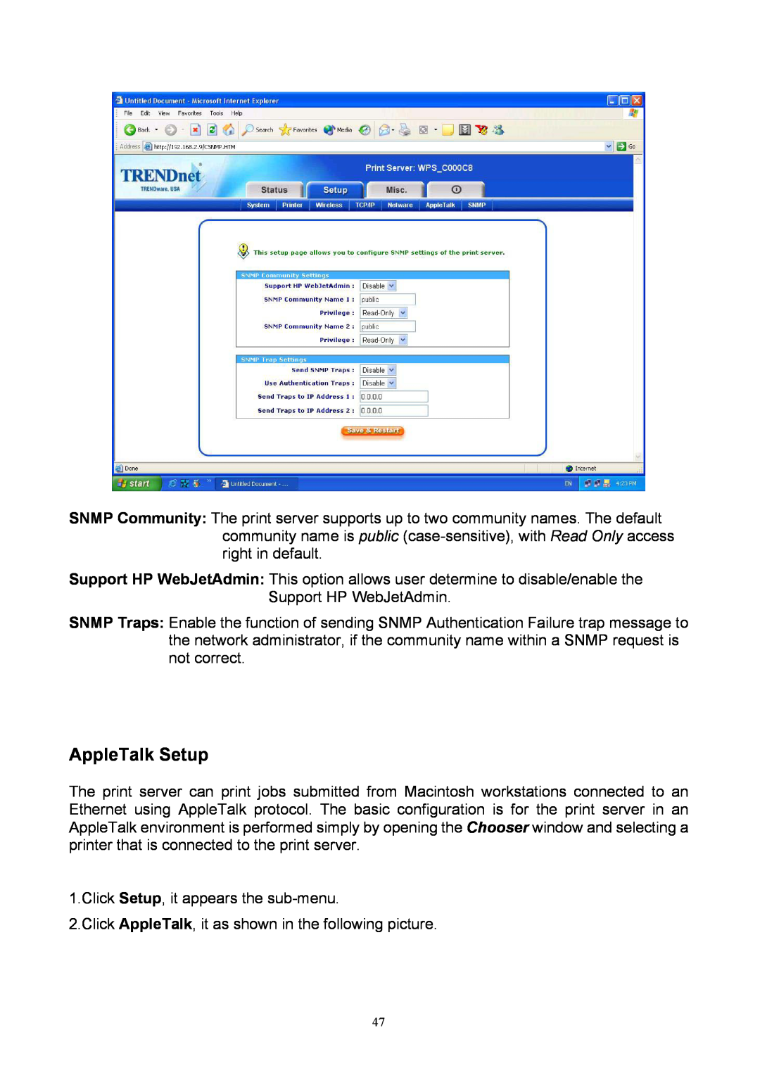 TRENDnet TEW-P1P, TEW-P1U manual AppleTalk Setup 