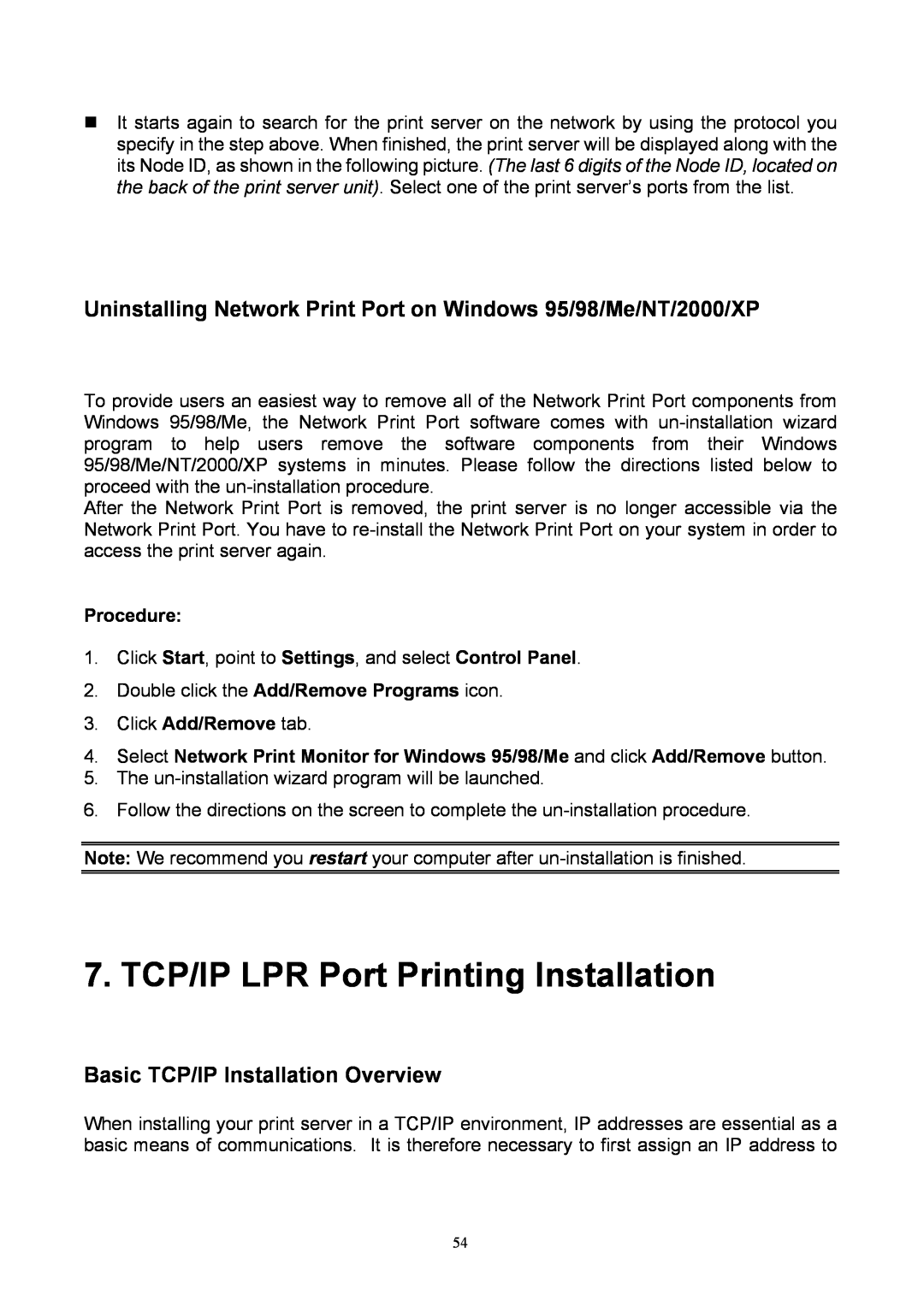 TRENDnet TEW-P1U TCP/IP LPR Port Printing Installation, Uninstalling Network Print Port on Windows 95/98/Me/NT/2000/XP 