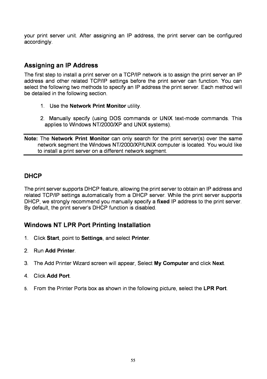 TRENDnet TEW-P1P Assigning an IP Address, Dhcp, Windows NT LPR Port Printing Installation, Run Add Printer, Click Add Port 