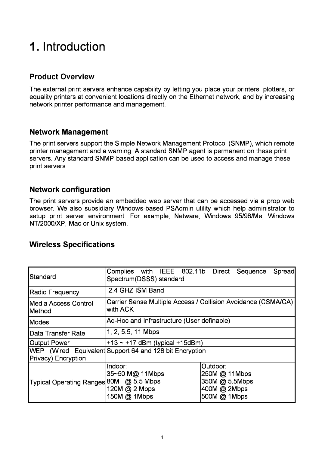TRENDnet TEW-P1U manual Introduction, Product Overview, Network Management, Network configuration, Wireless Specifications 