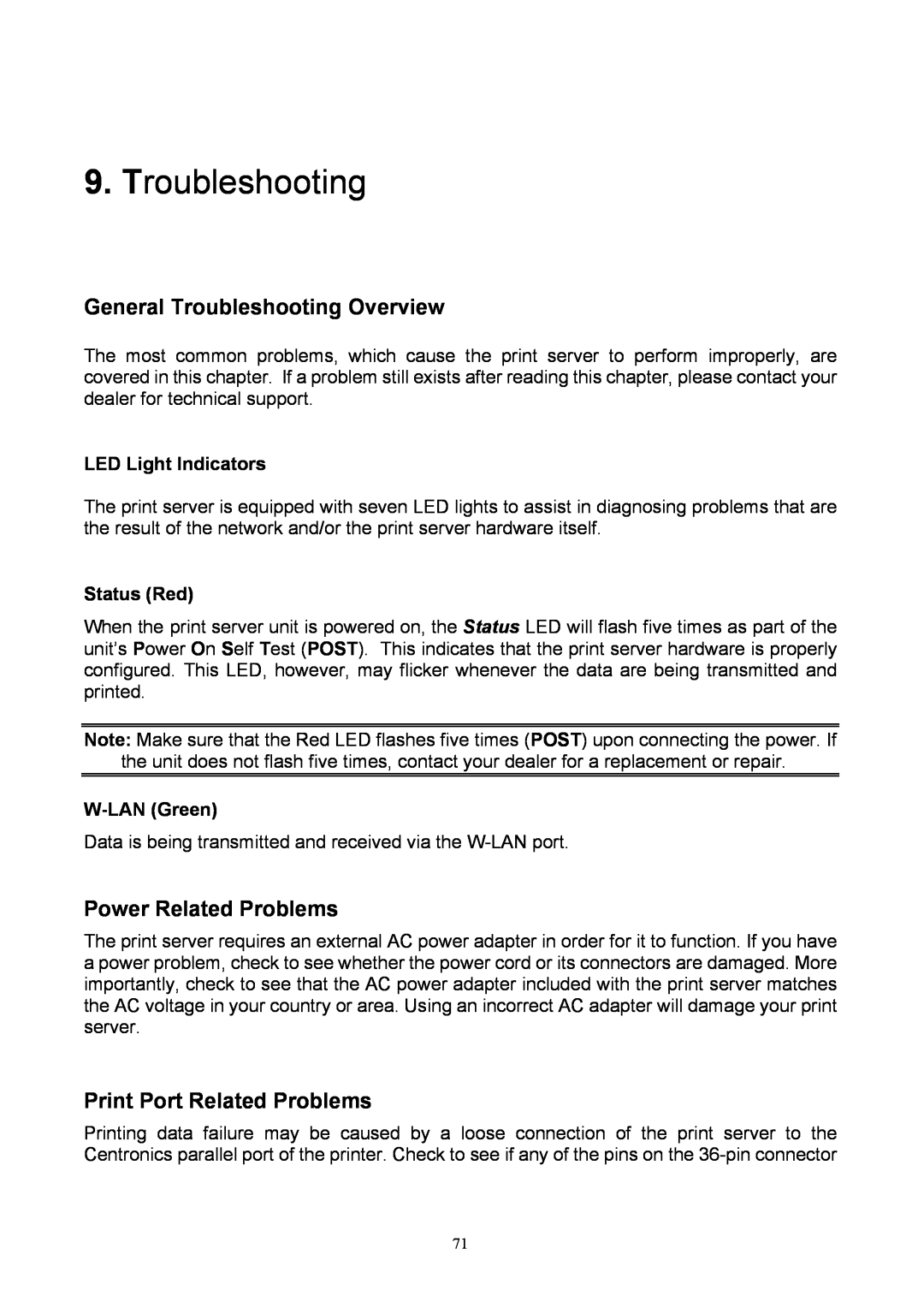 TRENDnet TEW-P1P General Troubleshooting Overview, Power Related Problems, Print Port Related Problems, Status Red 