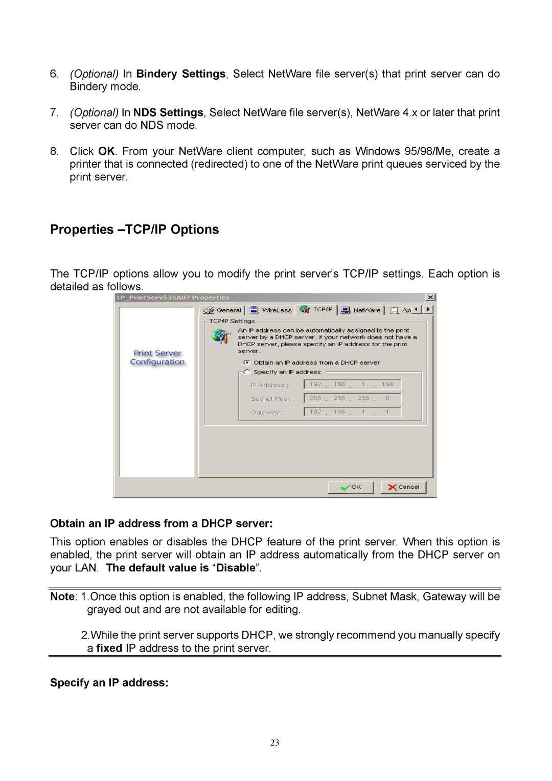 TRENDnet TEW-P1P, TEW-P1U manual Properties -TCP/IP Options, Obtain an IP address from a Dhcp server, Specify an IP address 